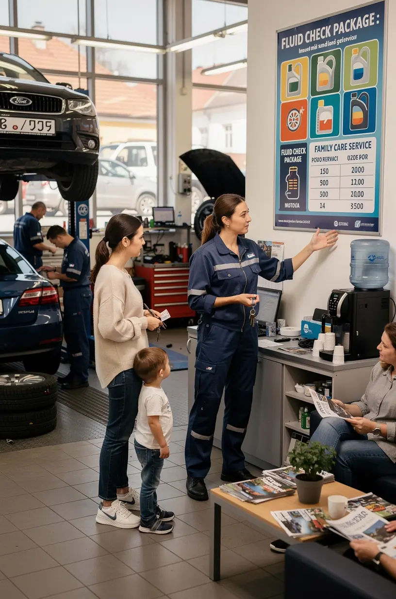 Pracovník autoservisu meria tlak pneumatík počas komplexnej kontroly vozidla pred odovzdaním