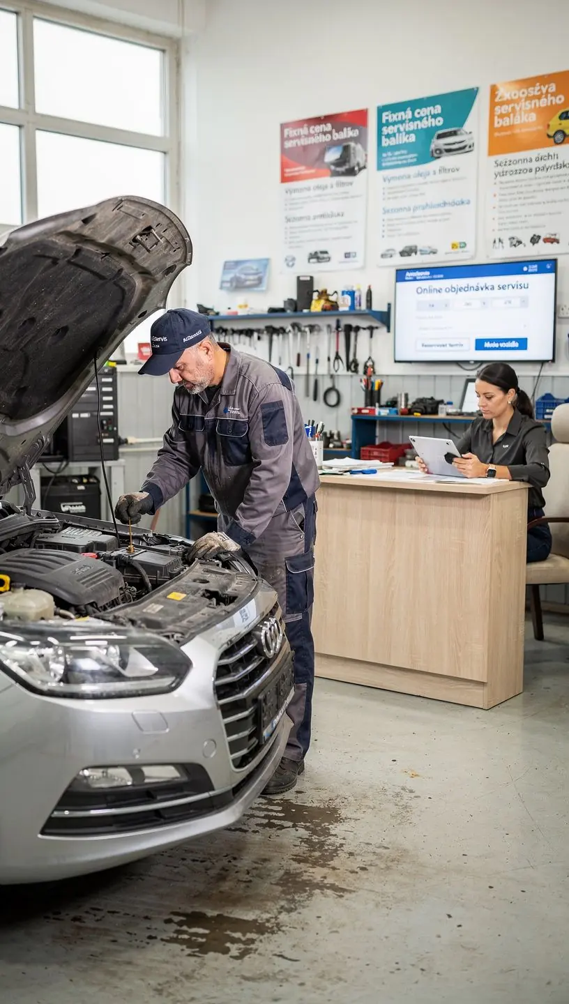 Detailný pohľad na výmenu olejového filtra a kontrolu motorových tekutín v autoservise